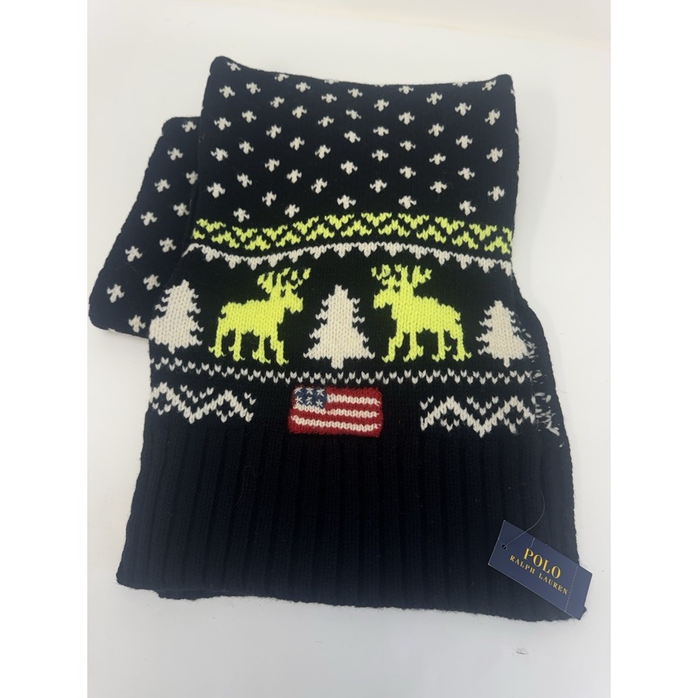 NWT Polo Ralph Lauren 100% Wool Knit Scarf Flag Americana Reindeer Black $198